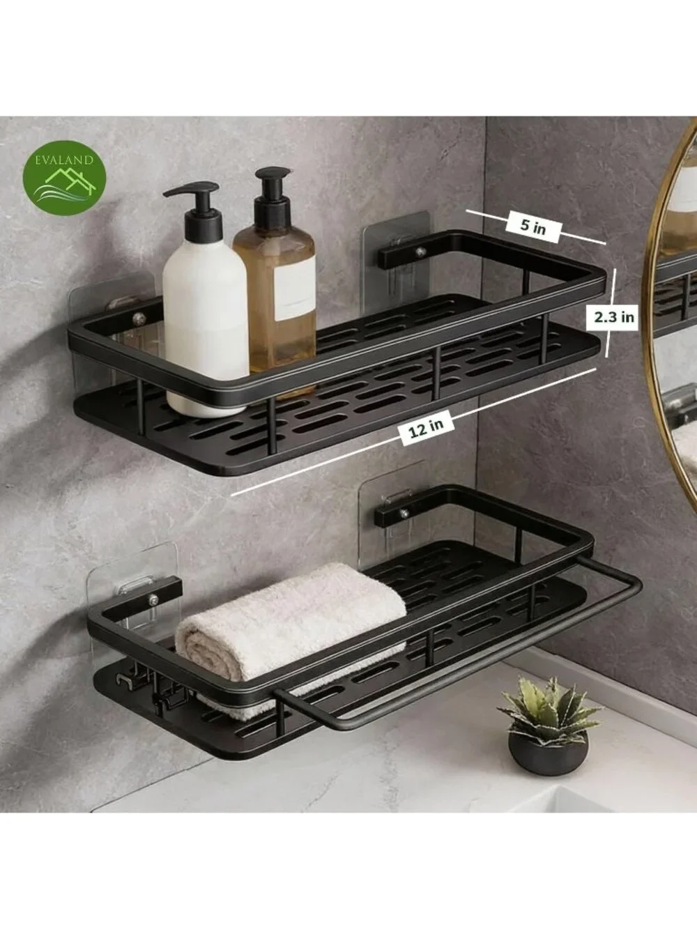 New 2-Pack Black Adhesive Shower Caddy Shelves Hooks Towel Rod Rustproof